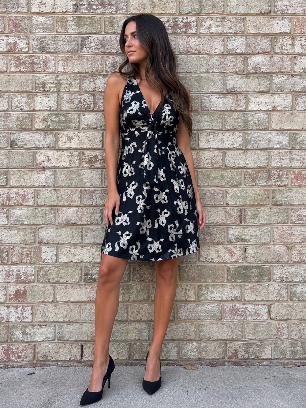 Betsey Johnson Vintage Bow Print Knot Front Dress Size 6 Y2K